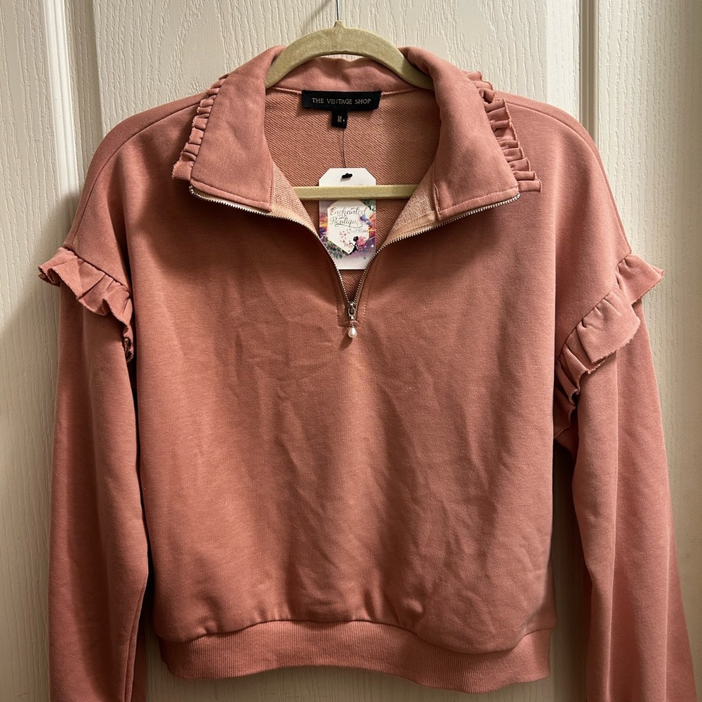 NWT Mauve quarter zip with ruffle detail